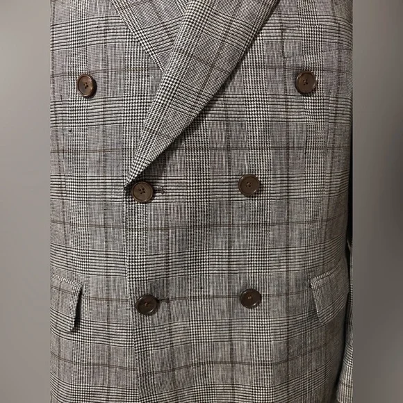 Paul Fredrick Gray Plaid Double-Breasted Blazer